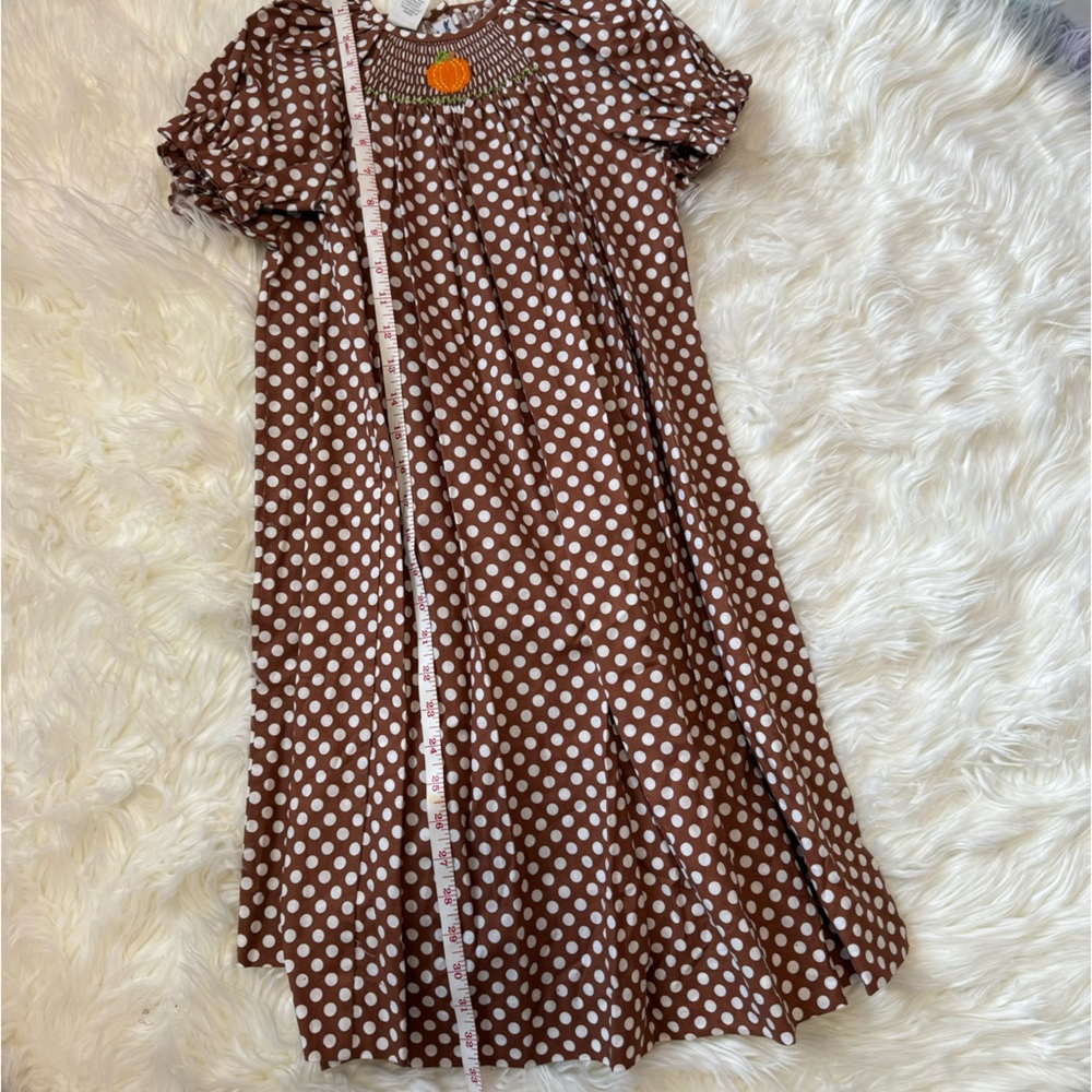Smocked pumpkin/fall/thanksgiving dress - polka dots - brown and white - Picture 3 of 5
